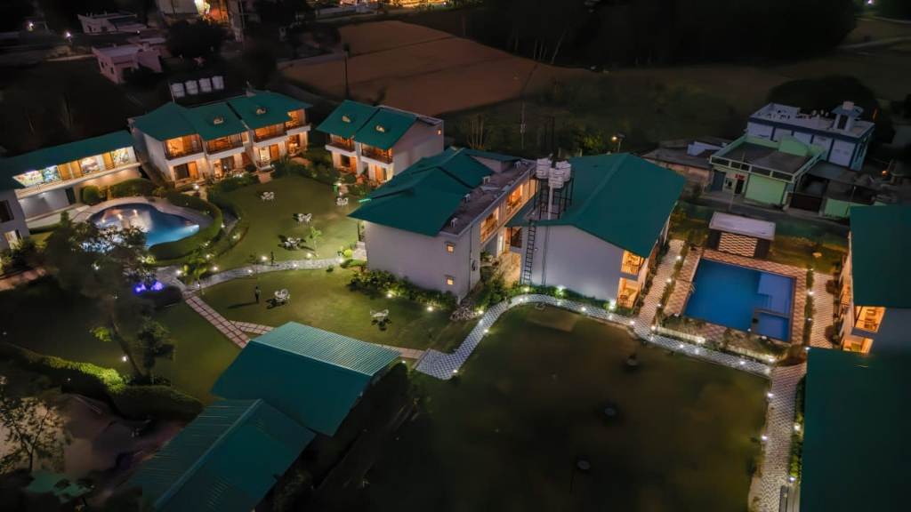 Jim Corbett Resort Night Aerial View & Swimming Pool