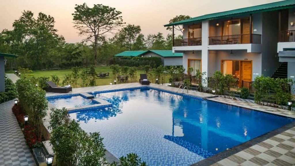 Jim Corbett Resort Swimming Pool Lawn & Mountain View