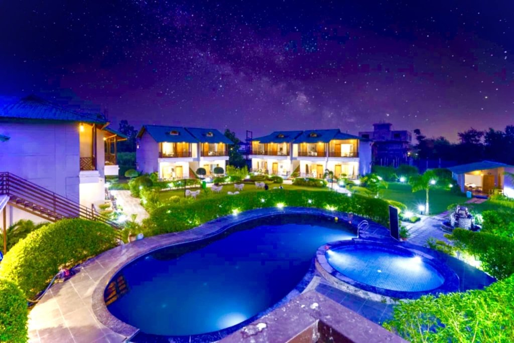 Starlit Galaxy Night Sky View over Resort Pool
