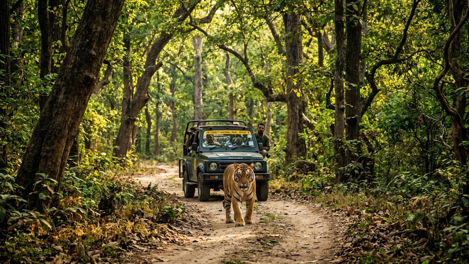 Royal Bengal Tiger with Safari Jeep in Jungle — Jim Corbett 4K Desktop View